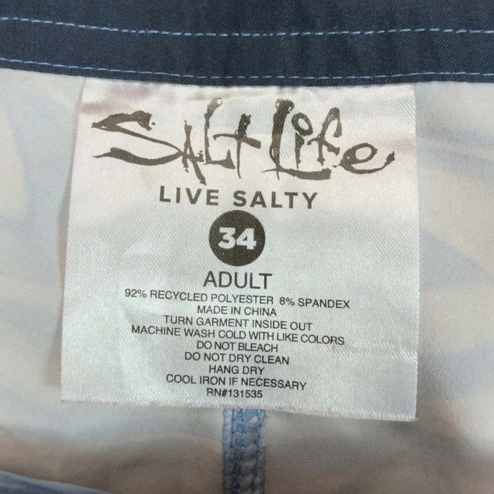Salt Life SLXQD Board Shorts Mens 34‎ Blue Shark Fin Wave Pattern Cargo Pocket